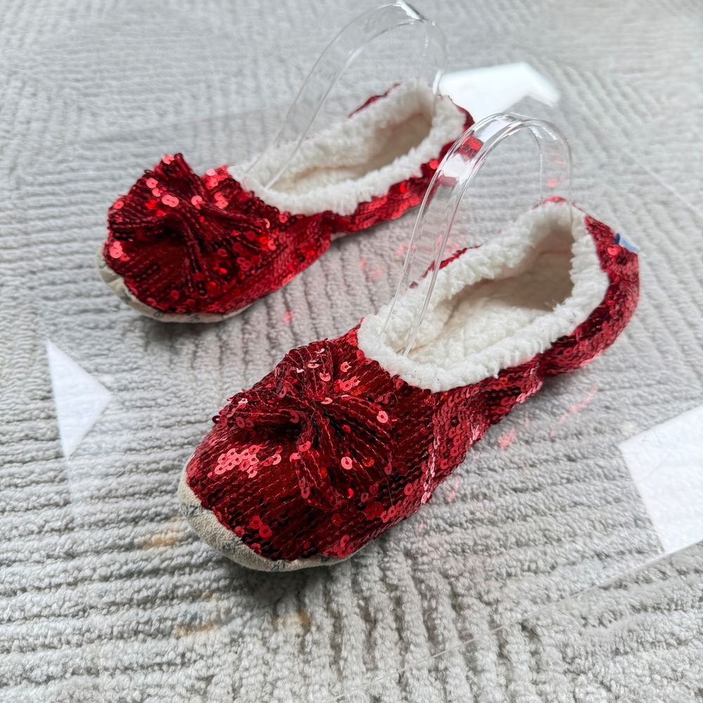 Snoozies Sequin Slipper Socks Womens Large Red Bow Sherpa Lined Ruby Slippers